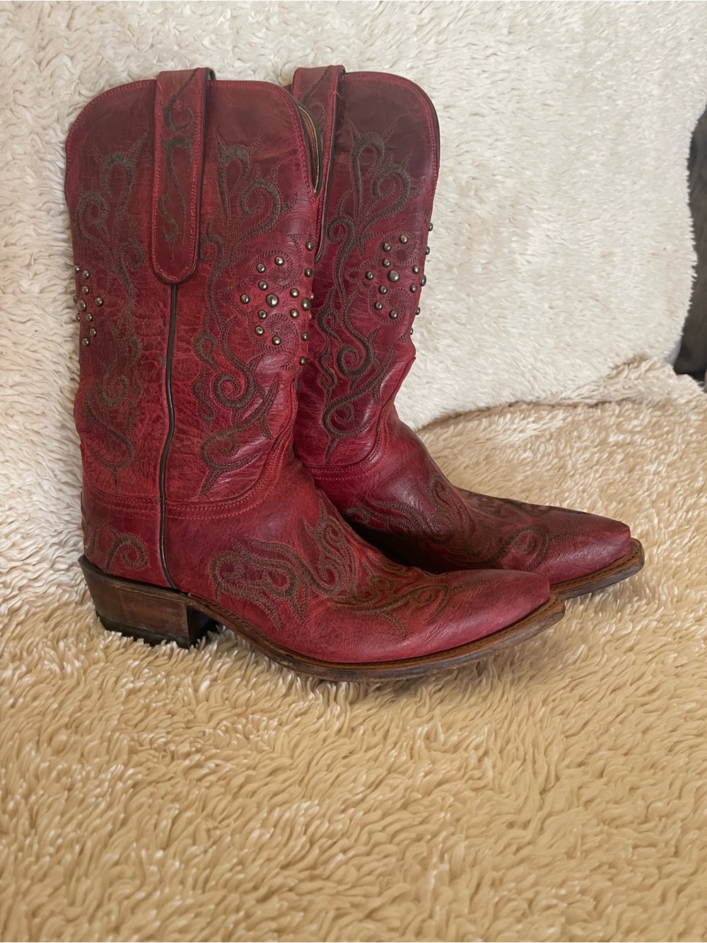 Lucchese Connie Women's Red Leather Studded Western Boot - Picture 2 of 12